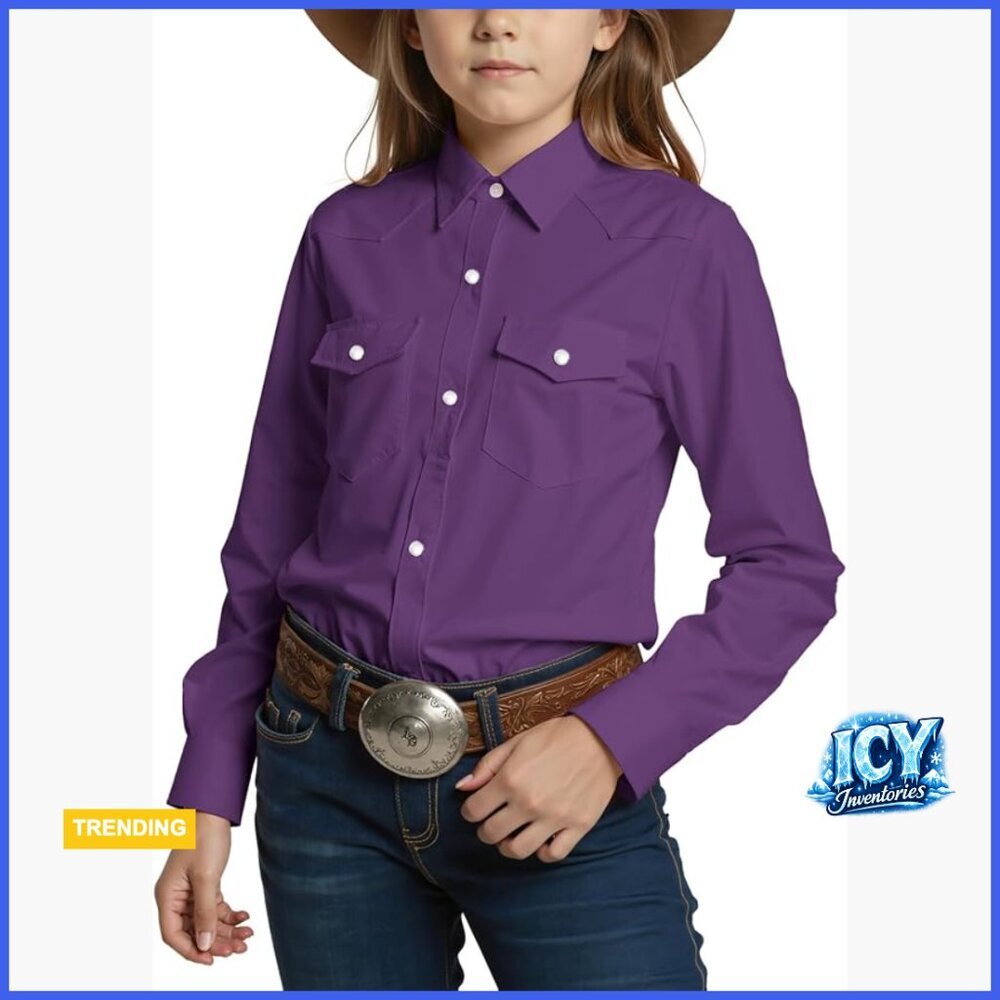 Girls Button Down Pearl Snap Western Shirt Long Sleeve Blouse